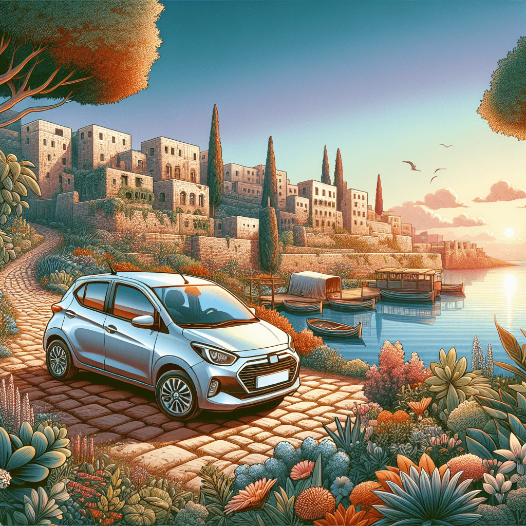 City car, Carthaginian ruins, gardens, sea, setting sun