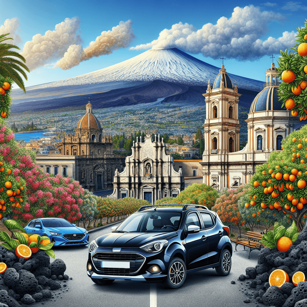 City car amidst Catania's landscape with Mount Etna, Baroque architecture, citrus trees