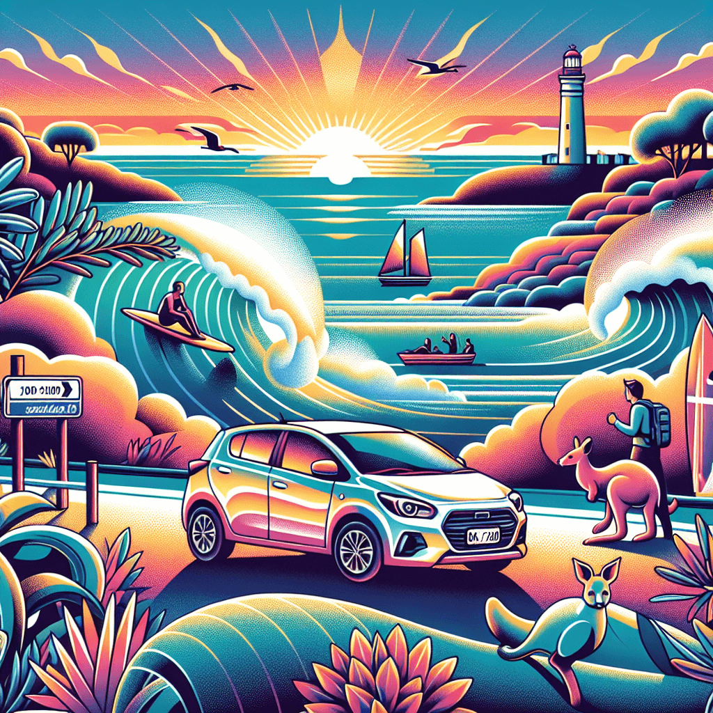 City car, lighthouse, surfers, kangaroos, radiant sunset