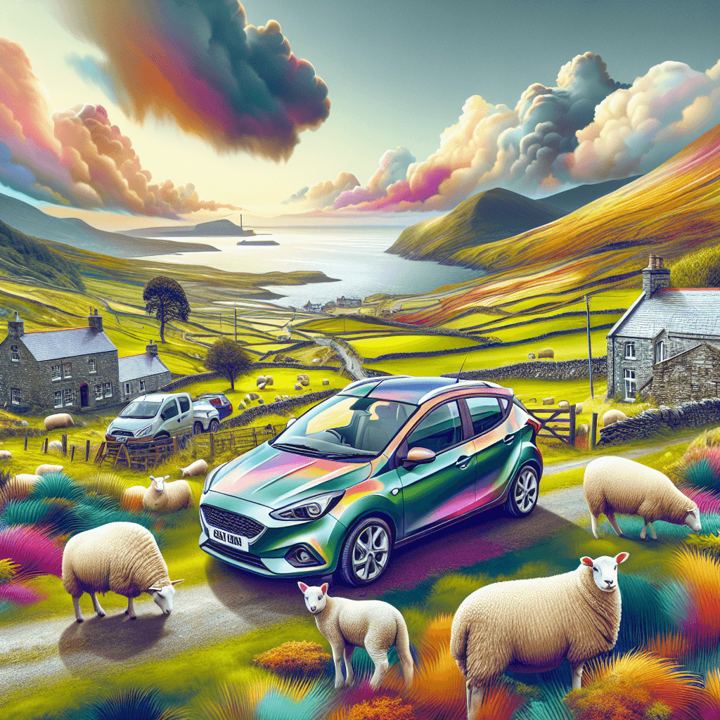 City car by Ceredigion seashore, hills and sheep