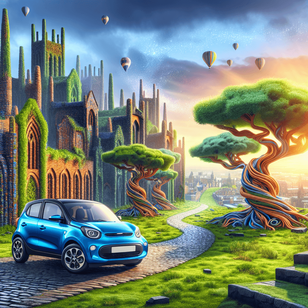 Blue car, Chester architecture, twisted trees, hot air balloons