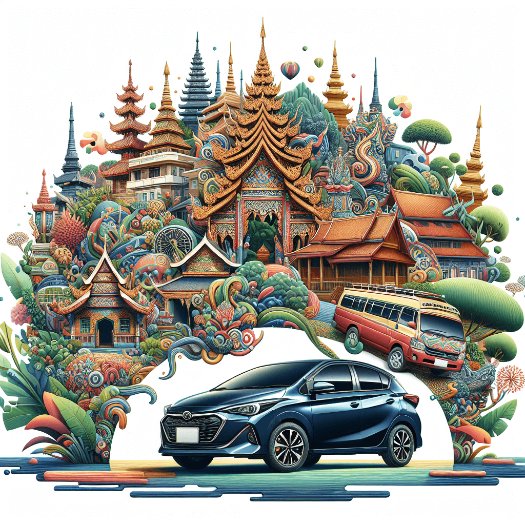 City car amidst Chiang Rai marketplace, temple, exotic flora