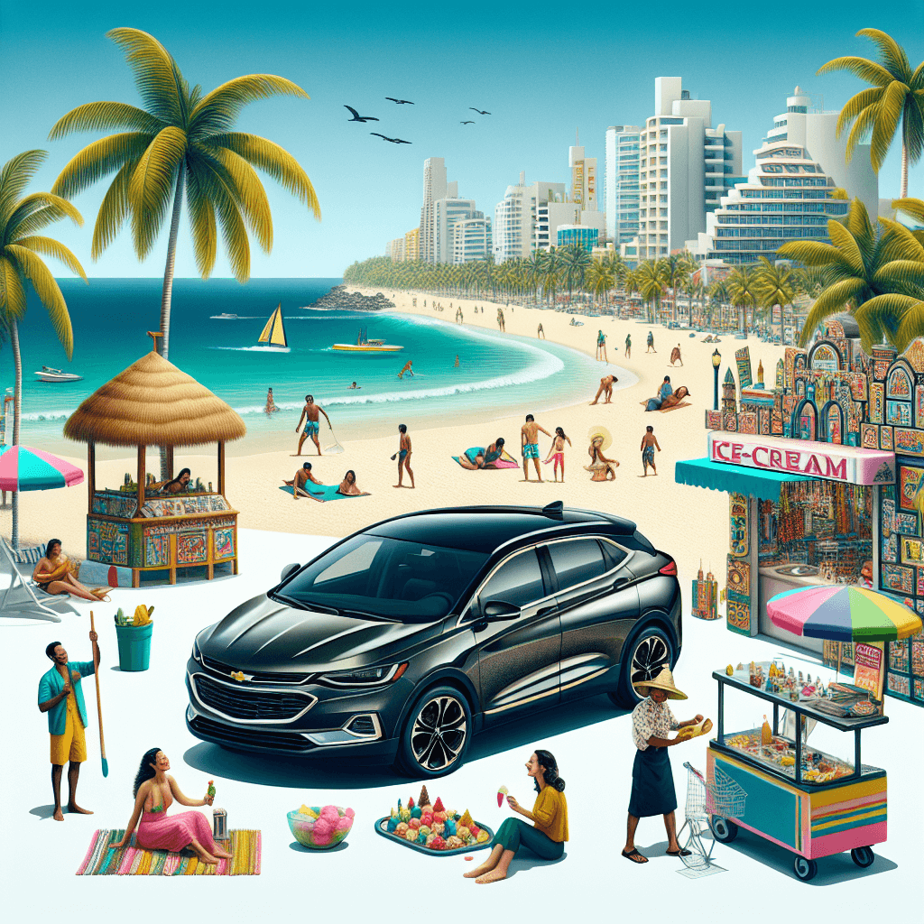 City car parked near lively beach and vibrant stalls