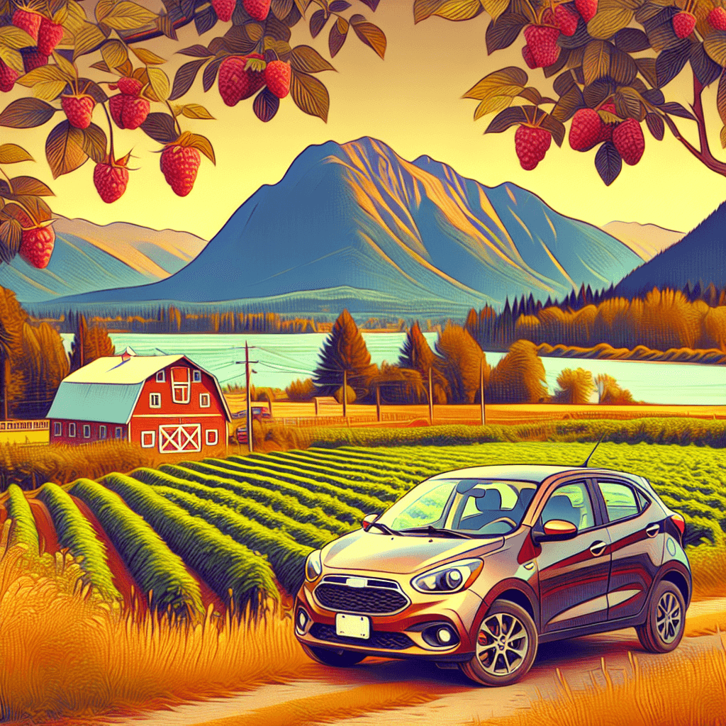 City car near Chilliwack's Mount Cheam, Fraser River, raspberry field and red barn