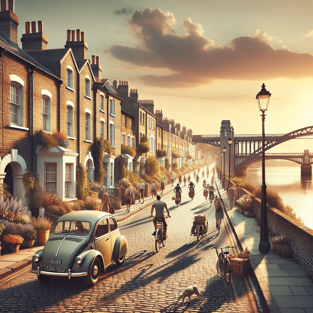 Urban car on cobbled Chiswick street, sunset, Thames, cyclists