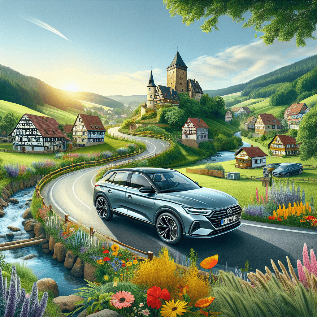 City car, winding road, Aalen homes, castle, colorful flowers