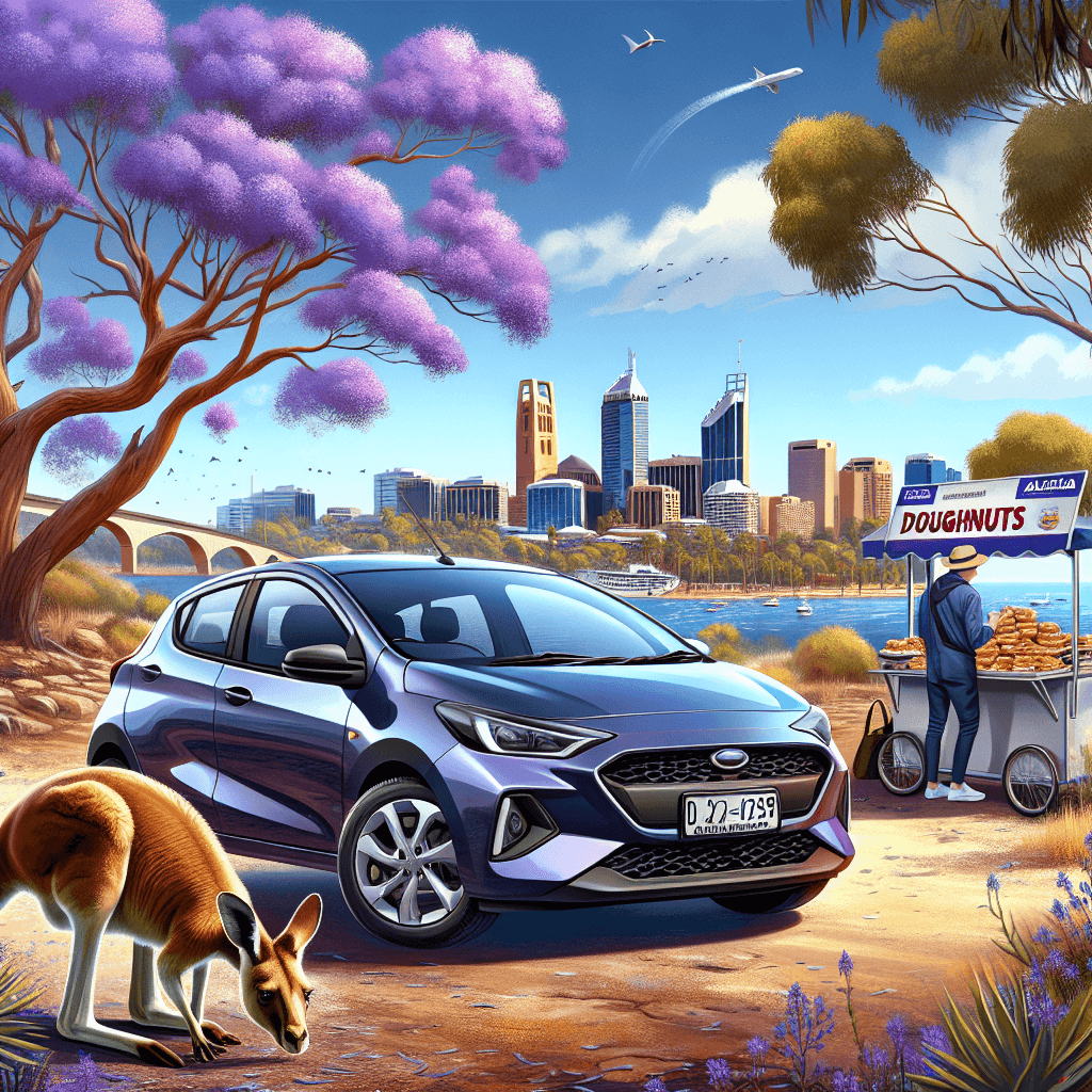 City car, kangaroo, jacarandas, coastline, and doughnut stand in Adelaide