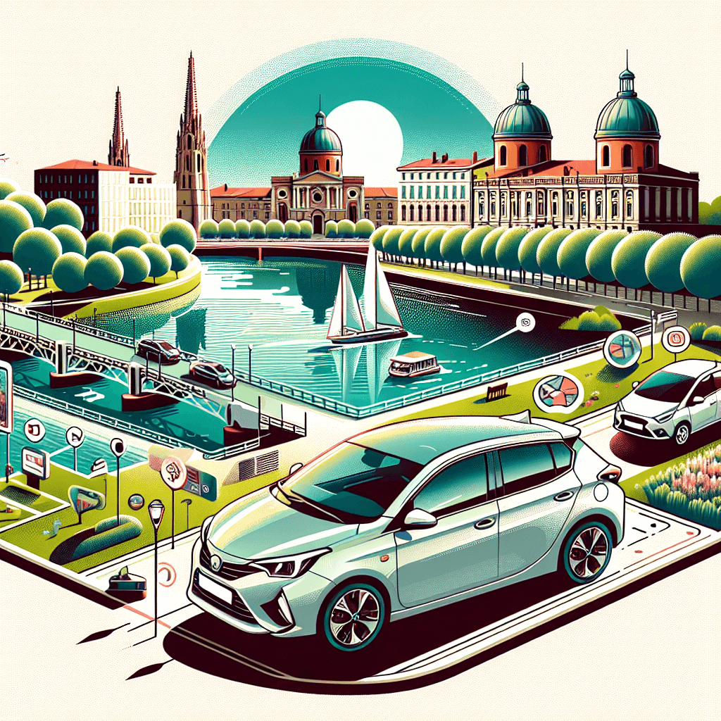 City car in sunlit Toulouse landscape with shimmering river