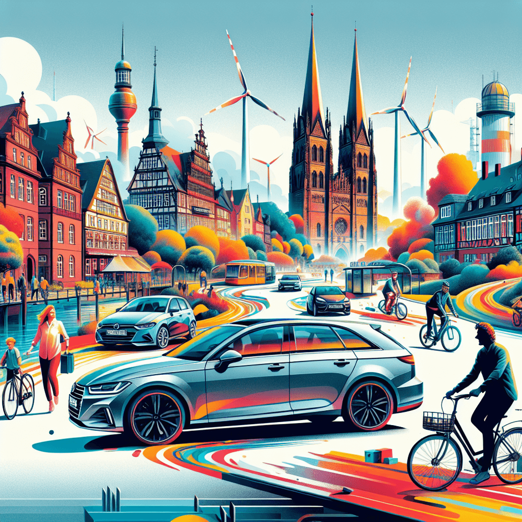 Colorful Osnabrück landscape with city car, cyclists and windfarms