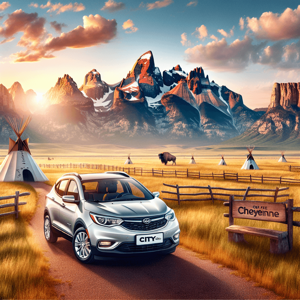 City car in cheerful Cheyenne landscape with mountains, tipis and ranch
