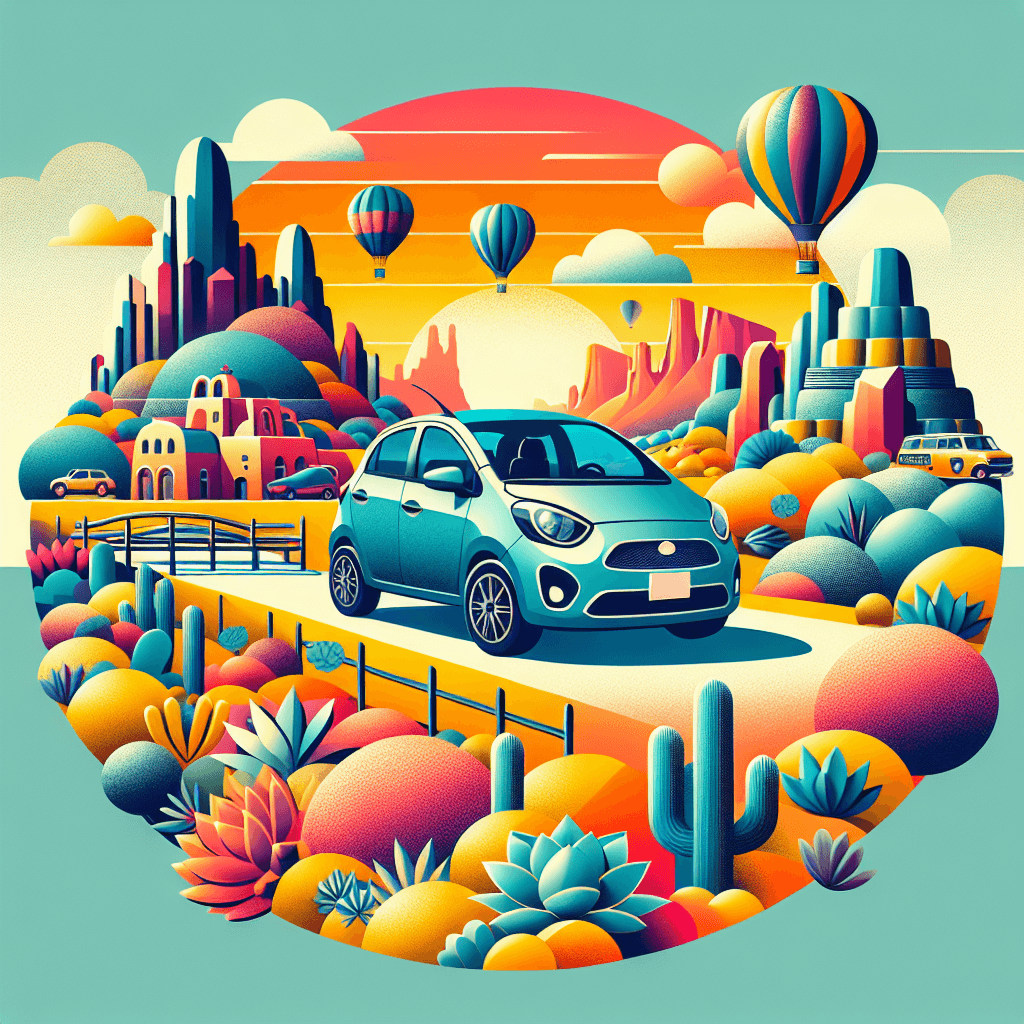 City car exploring desert terrain with hot-air balloons