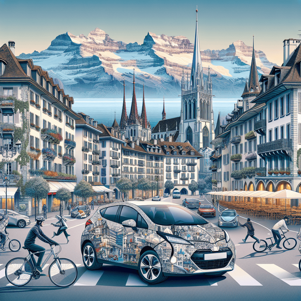 City car strategically placed in lively Lausanne, featuring landmarks