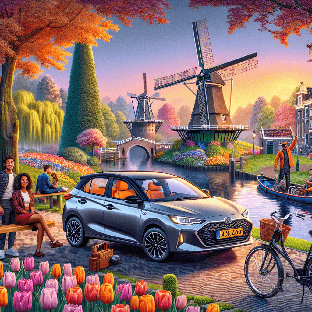 City car hire in Holland Park landscape with tulips, windmill and people