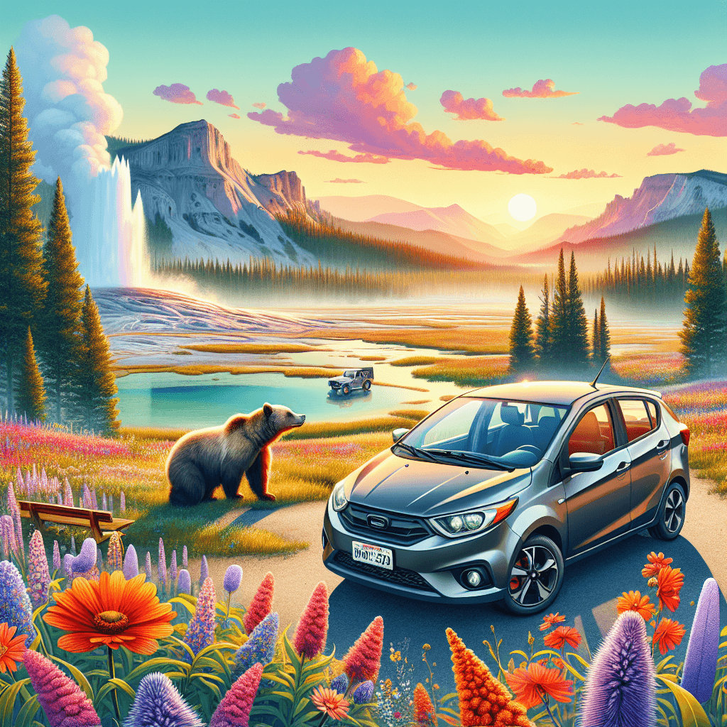 City car in Yellowstone with geysers and grizzly bears