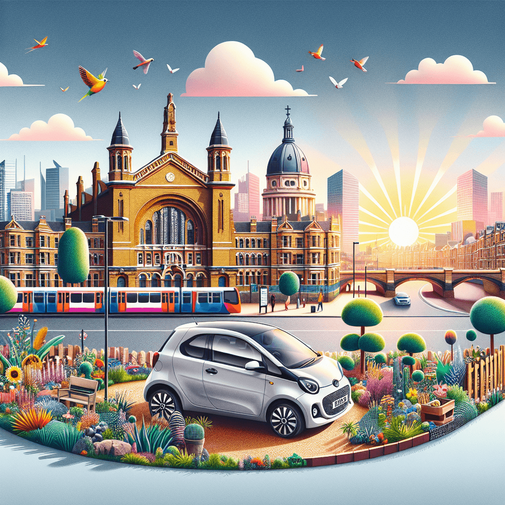 City car in vibrant Kings Cross landscape, featuring Victorian architecture and bright flowers