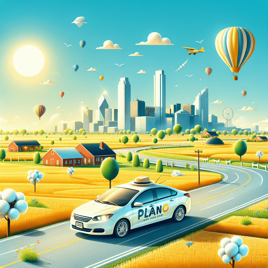 City car traveling on road, hot-air balloons, cotton wisps