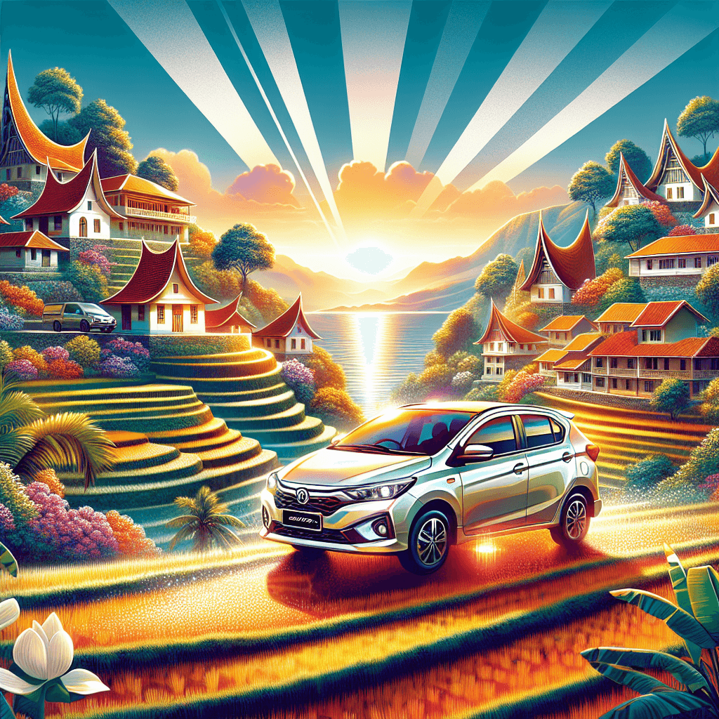 City car amidst Sulawesi's terraced rice fields, traditional houses and rainforests