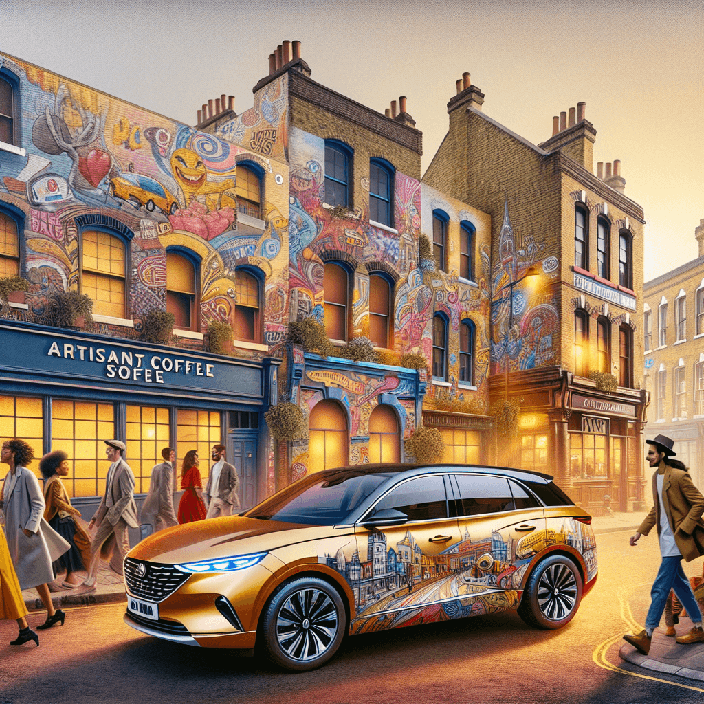 City car navigating colourful Peckham, passing murals and coffee shop