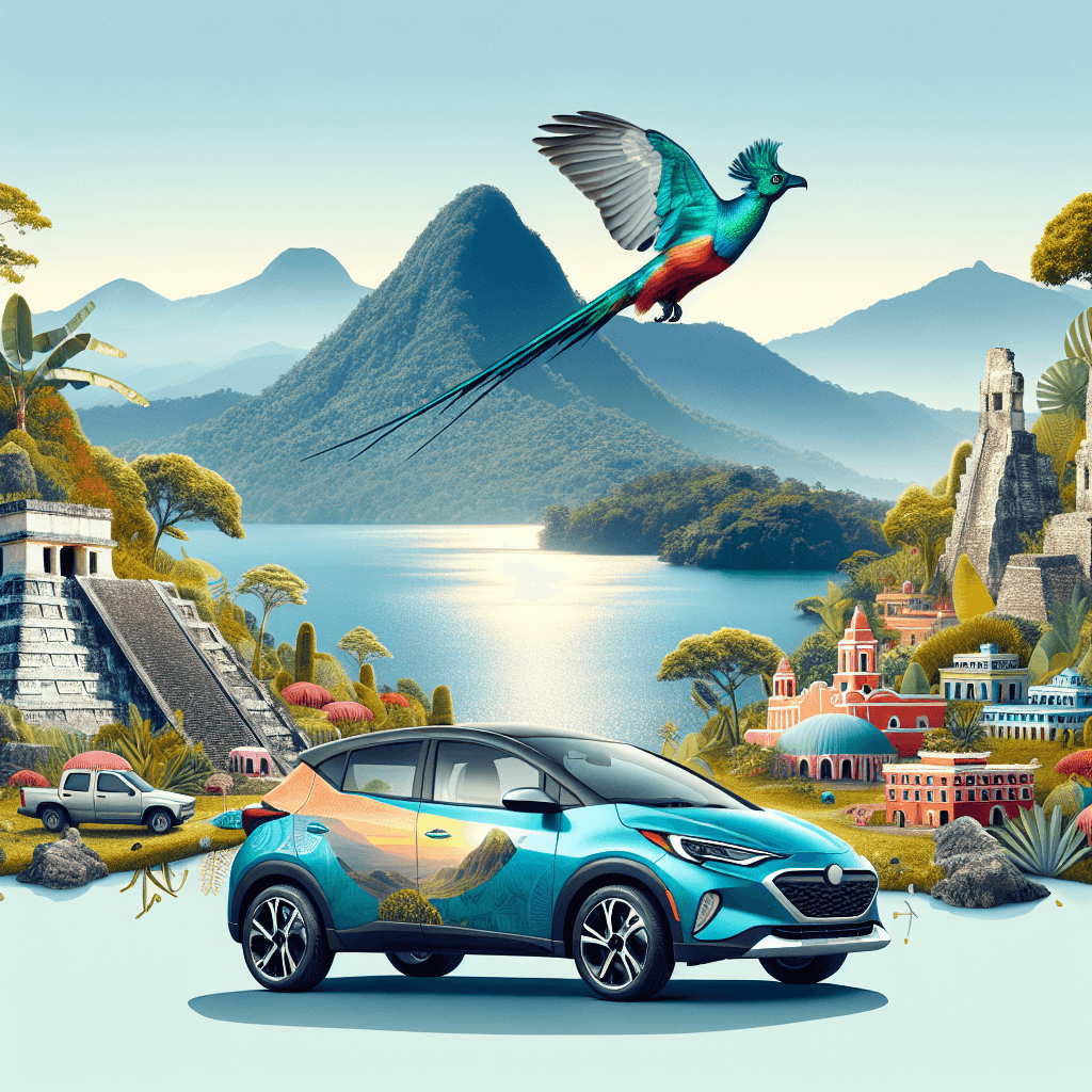 Coche moderno con lago, montañas, selva y quetzal