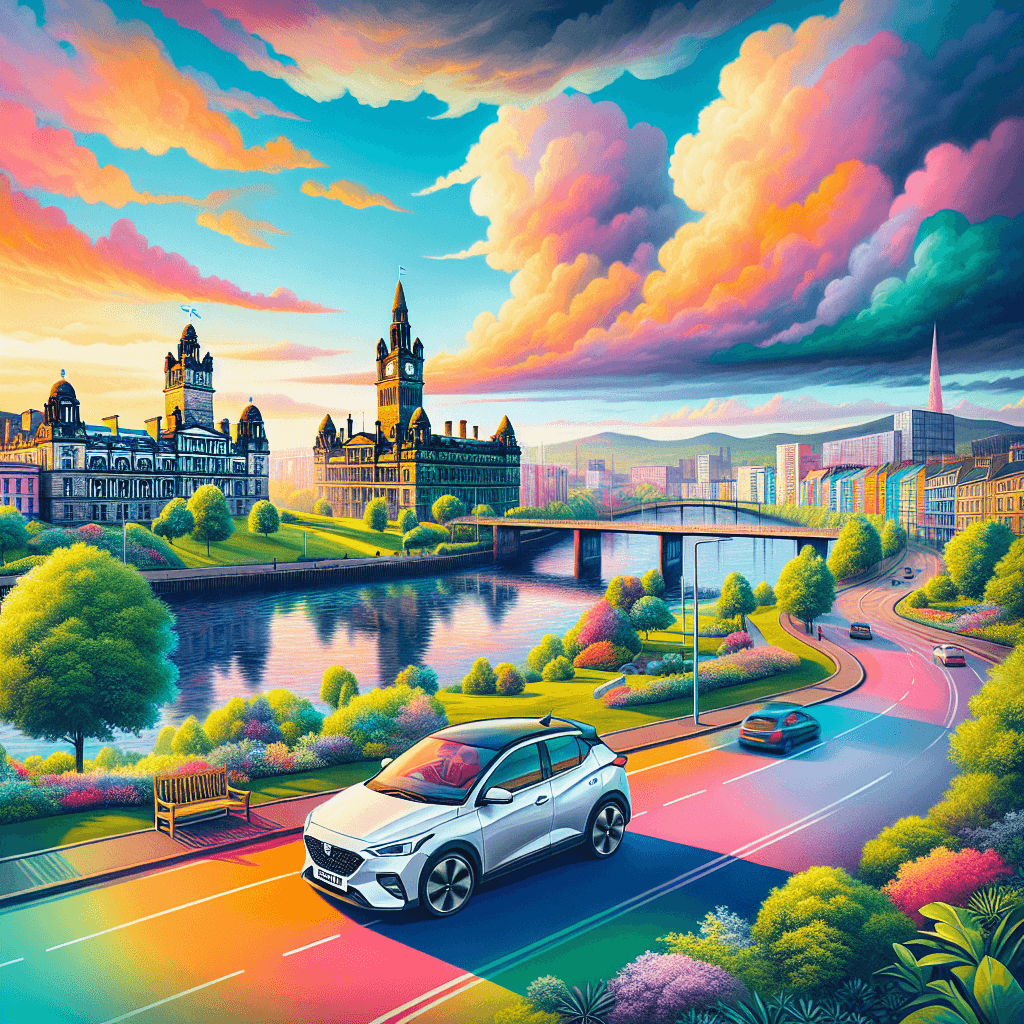 City car amidst New Glasgow's Victorian architecture and River Clyde