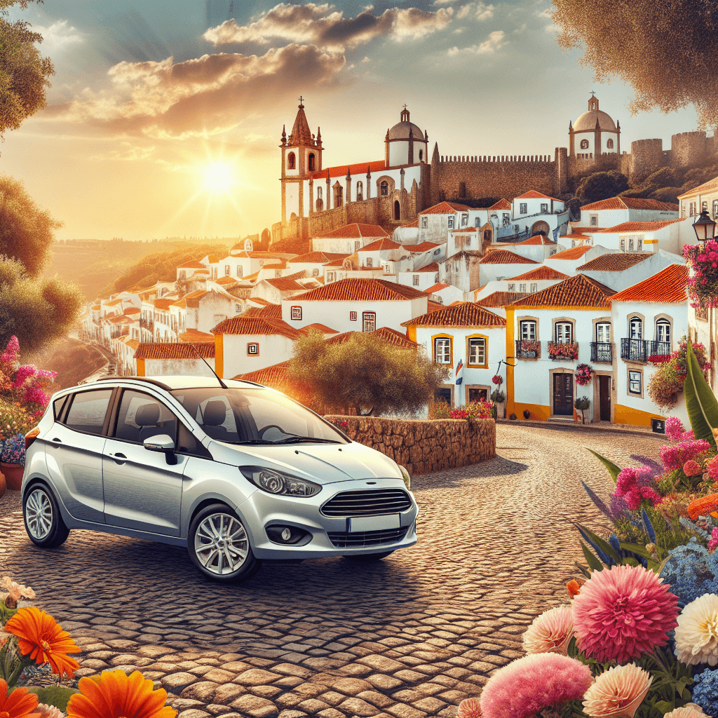 City car among Obidos' cobblestone streets with sunset and castle