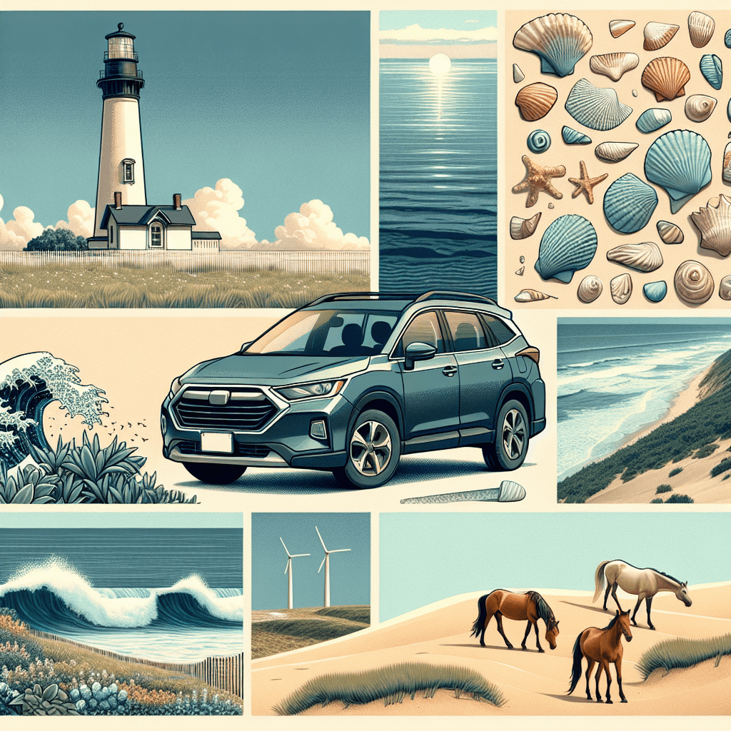 City car, lighthouse, ocean waves, sand dunes, seashells, wild horses
