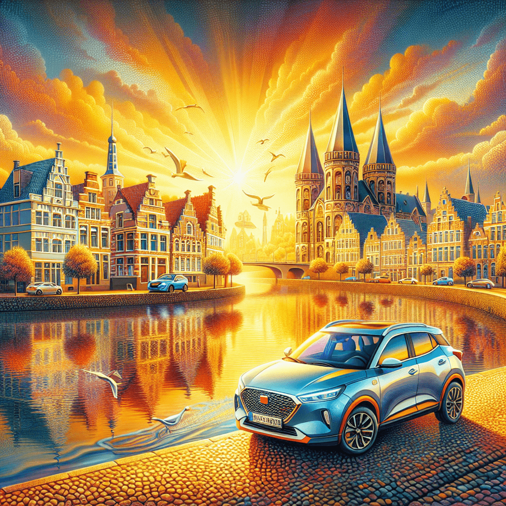 City car near Rhine river with Arnhem sunset