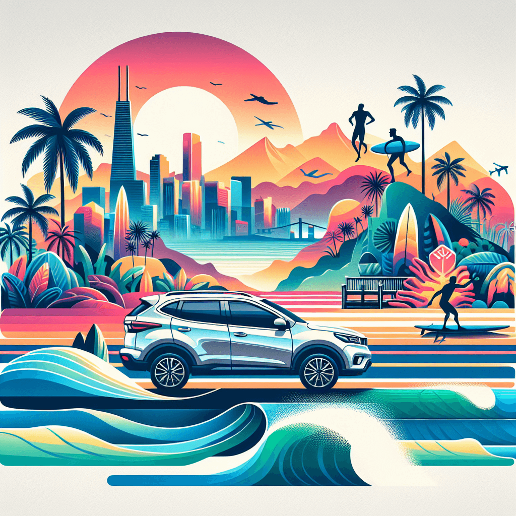 City car, vibrant sunset with surfer silhouettes, palm trees and cityscape