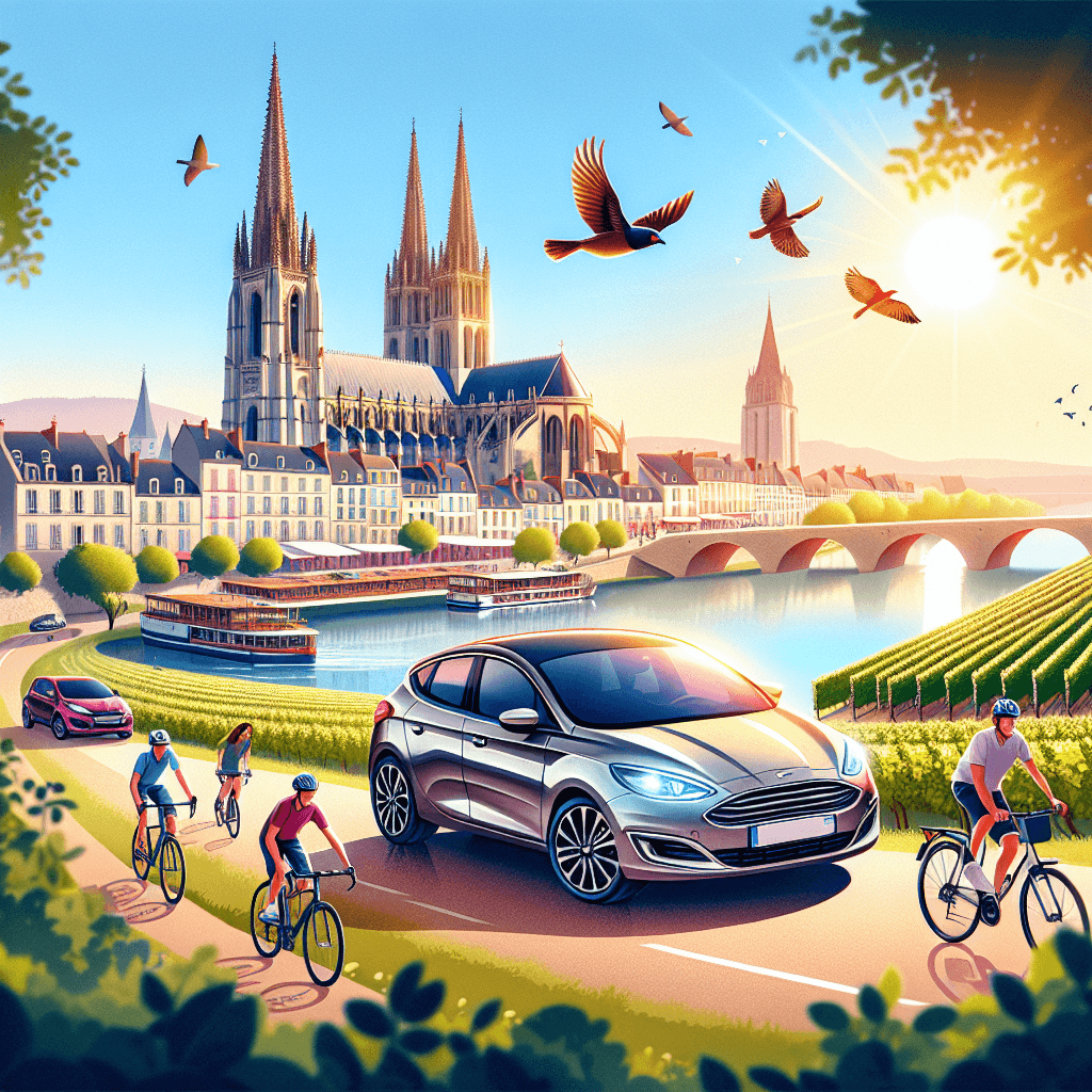 City car amid cathedral, river, vineyards, cyclists, under sunny sky