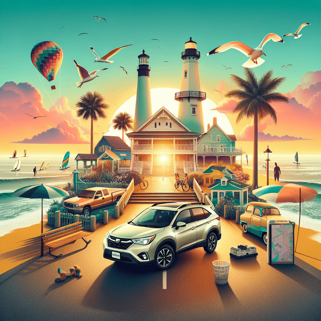 City car, boardwalk, lighthouse, palm trees, sunset