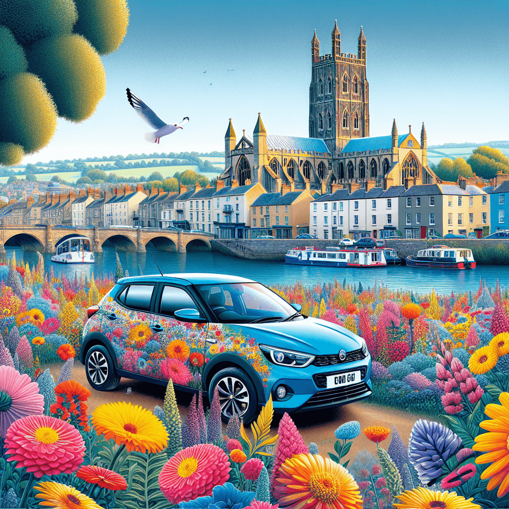 City car amidst Gloucestershire's cathedral, river and colourful flowers