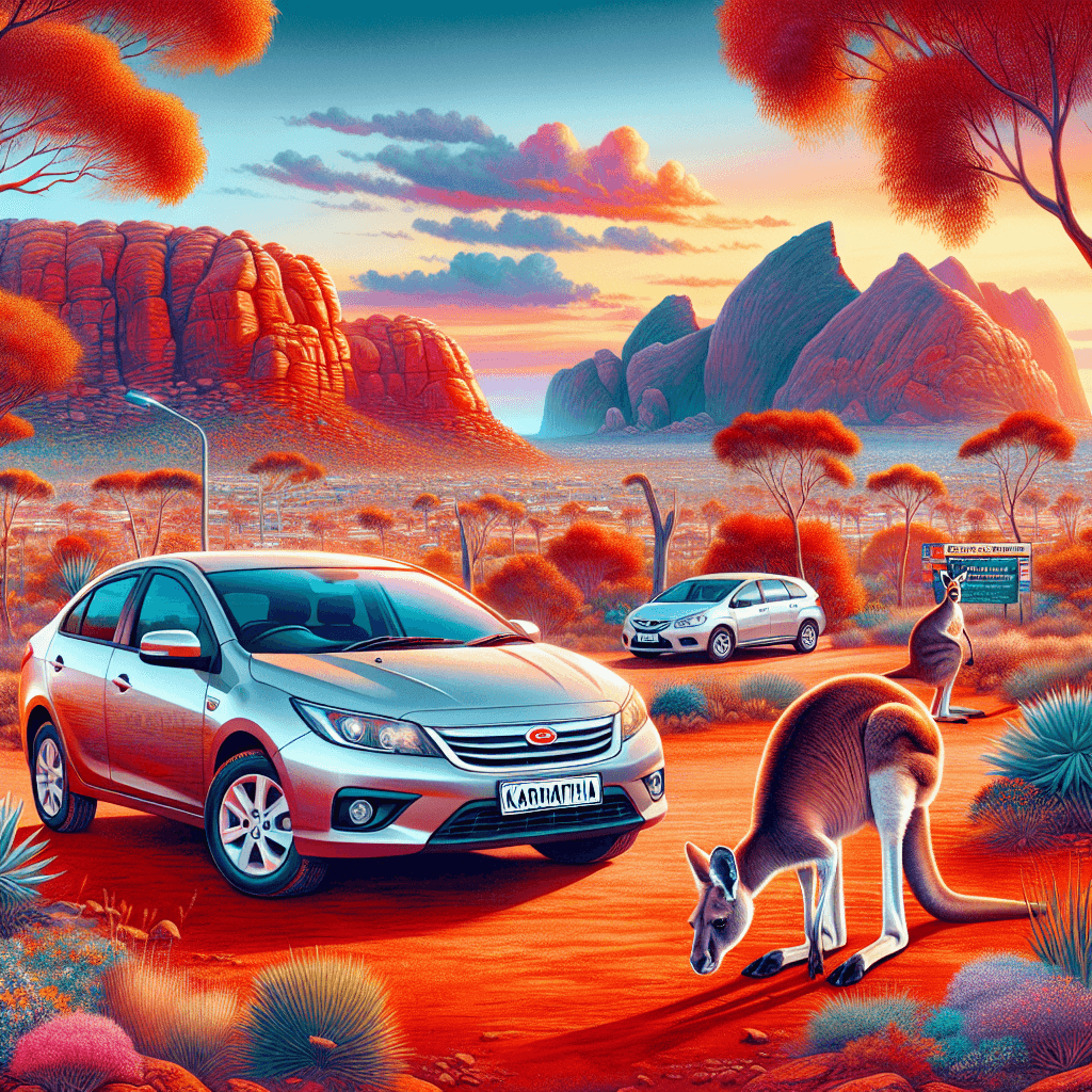 City car, a kangaroo, unique rocks, Australian flora, red soil