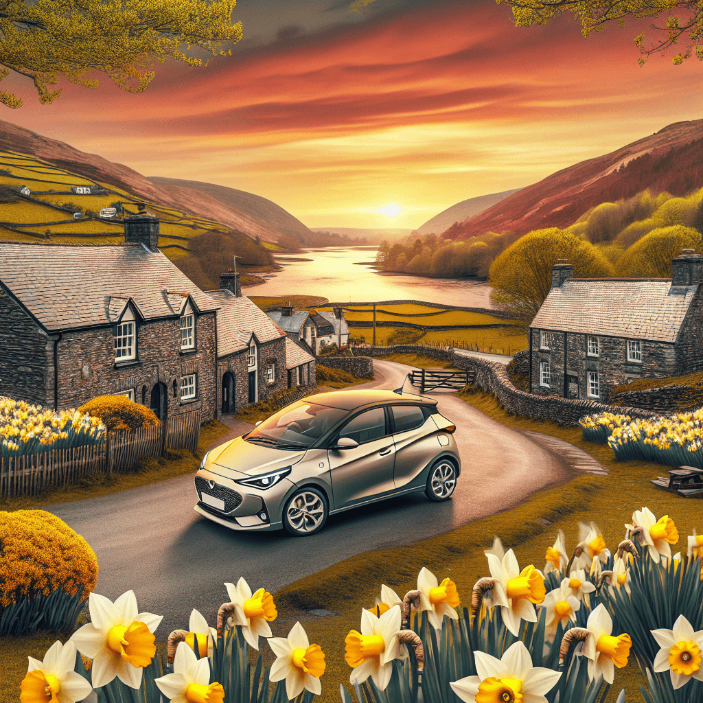City car amidst daffodils on Welsh lane, stone cottages nearby