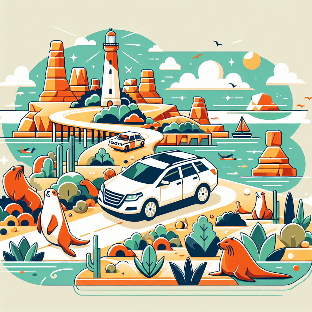 City car near lighthouse, sea lions, bushland, Remarkable Rocks