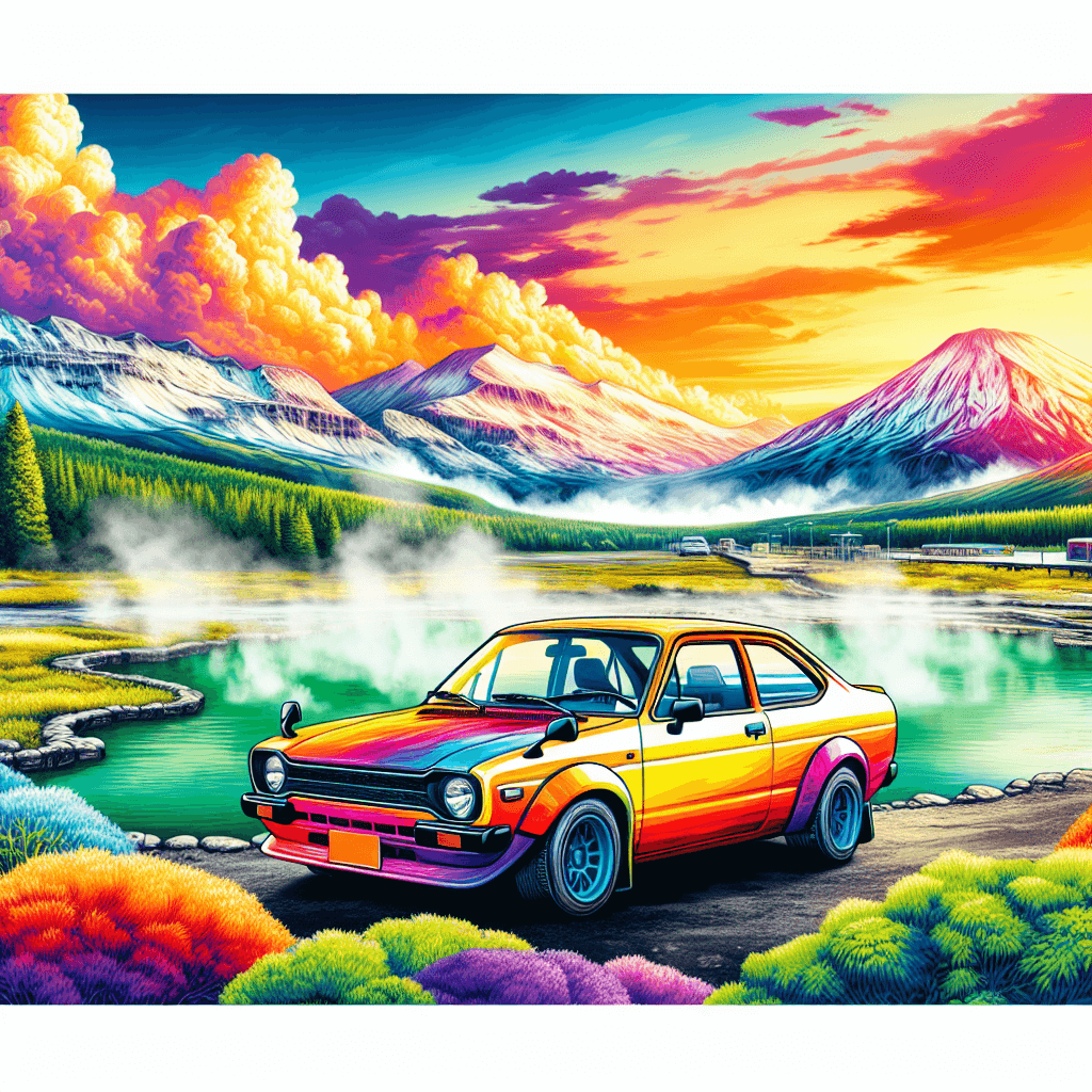 City car amidst Hot Springs landscape, sunset and mountains