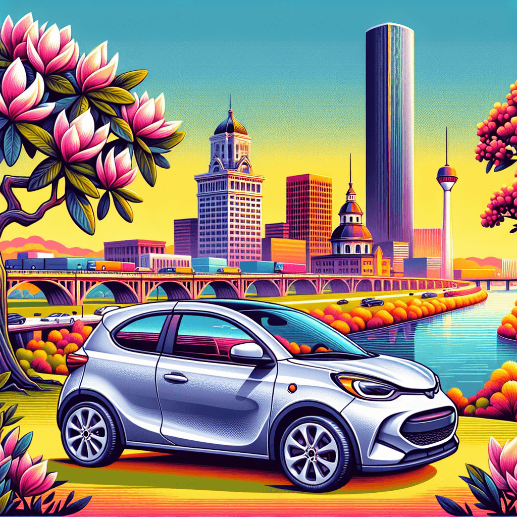 City car near blooming magnolia overlooking Montgomery landscape