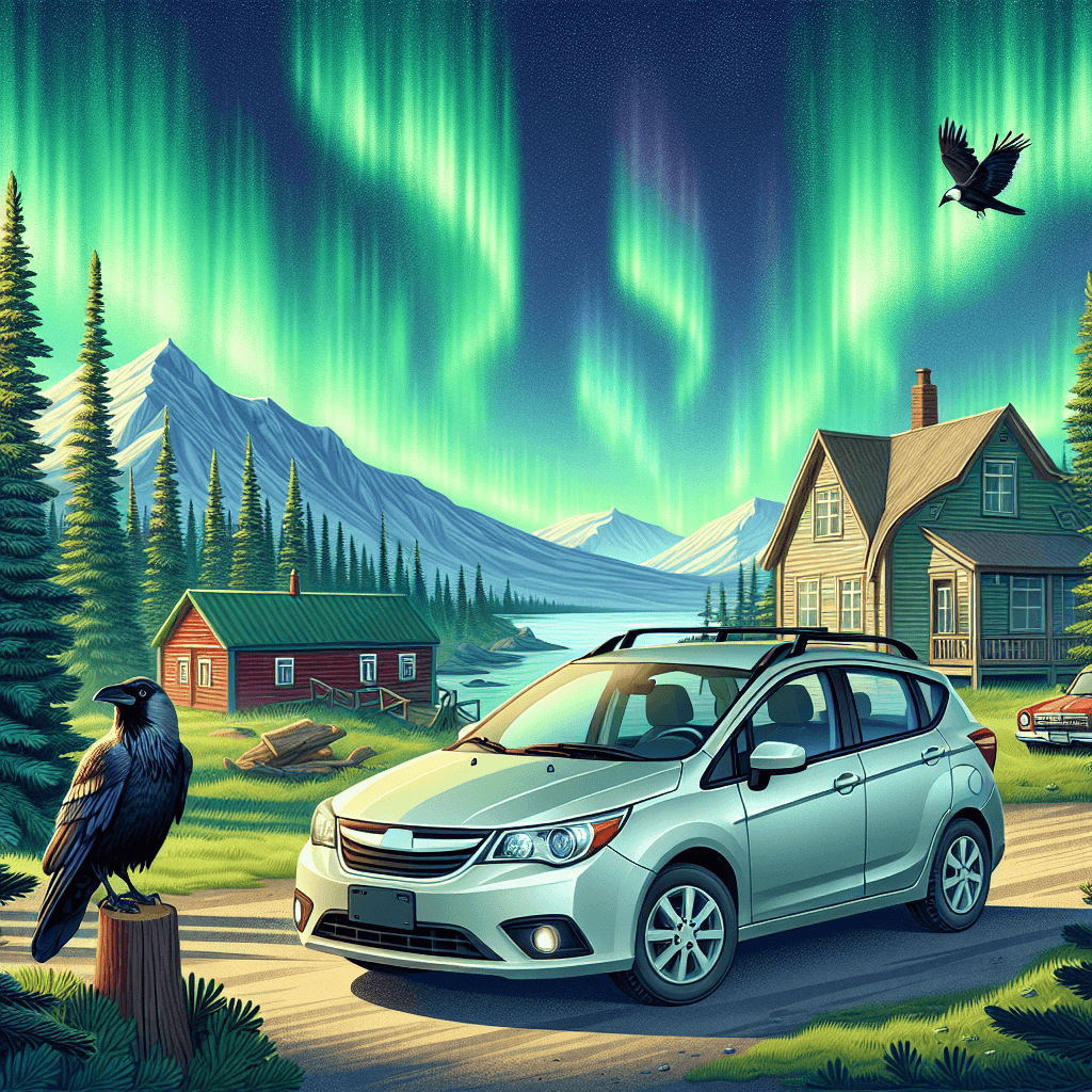 City car, northern lights, Yellowknife landscape, raven