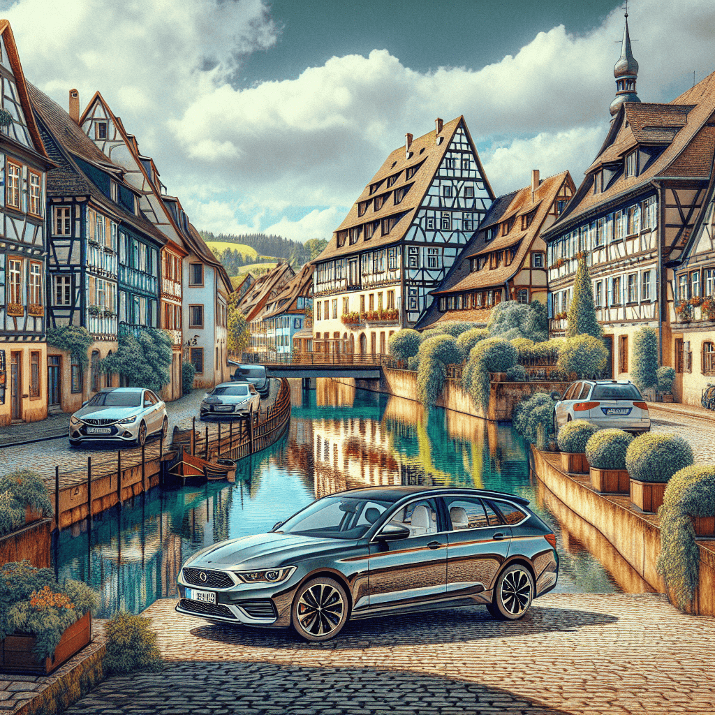 City car amidst Colmar's half-timbered houses and cobblestone street