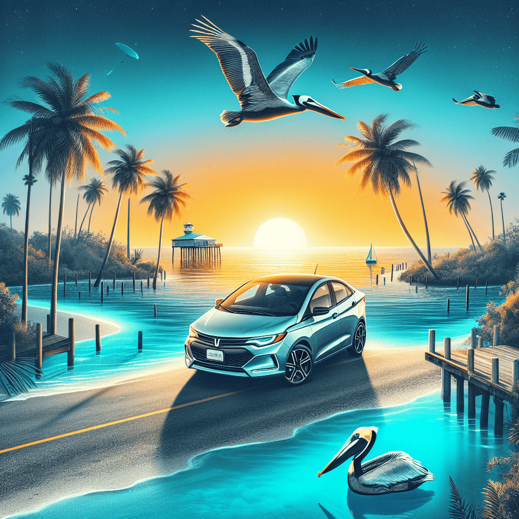 City car in Clearwater with palm trees, pelicans and sunset