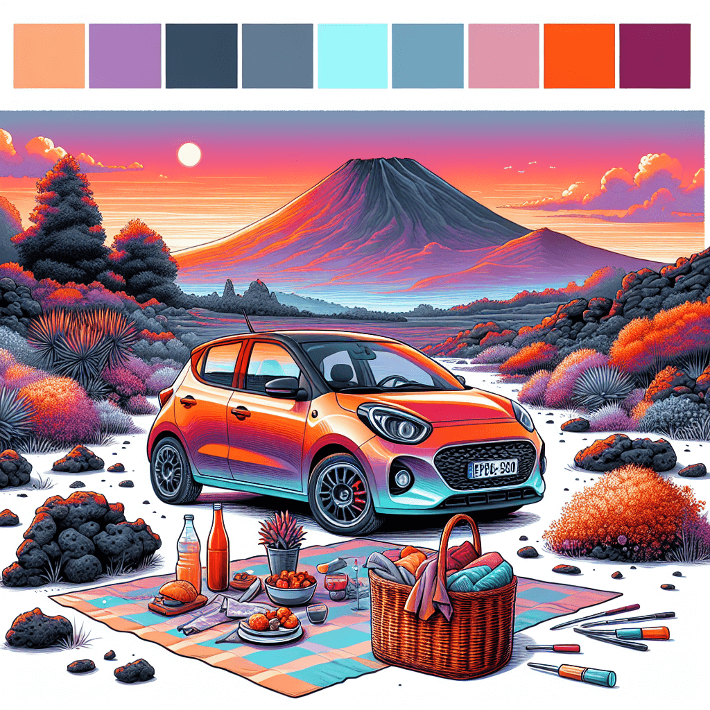 A colorful car, picnic setup, sunset, Puy de Dôme and flora
