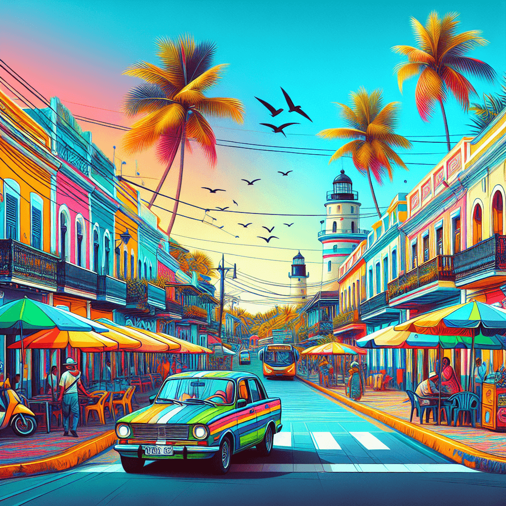 Coche en Santo Domingo, faro, casas coloridas, quiosco