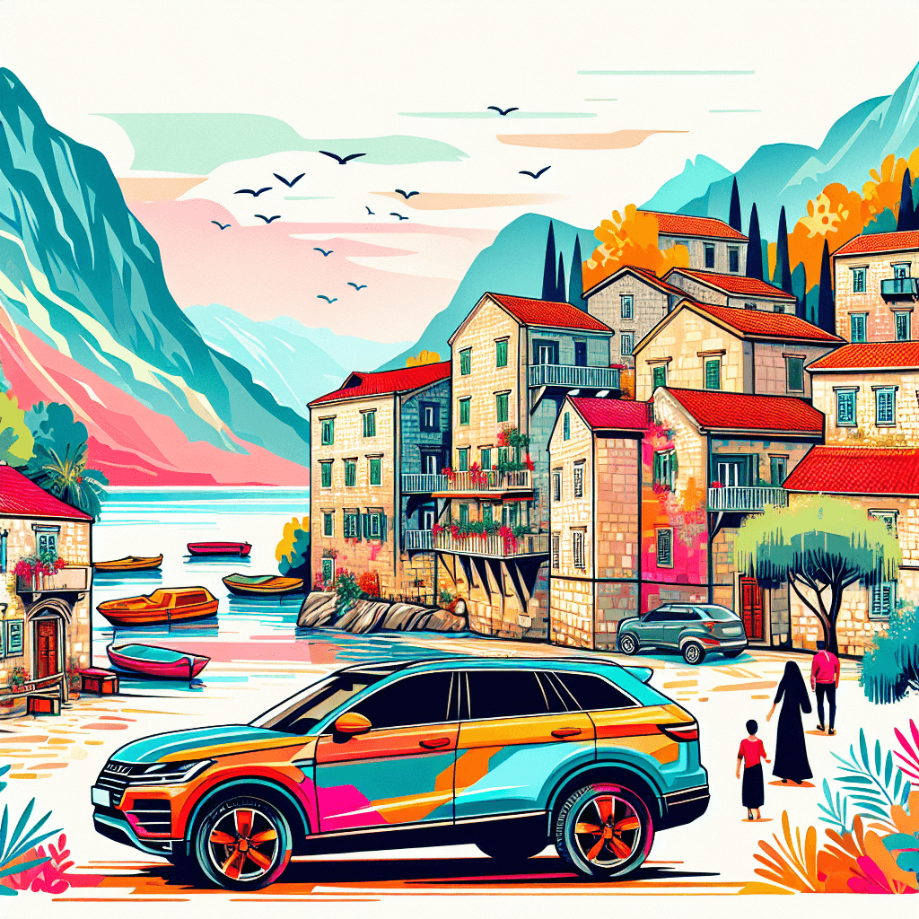 Coche colorido en pueblo encantador con vistas al Adriático
