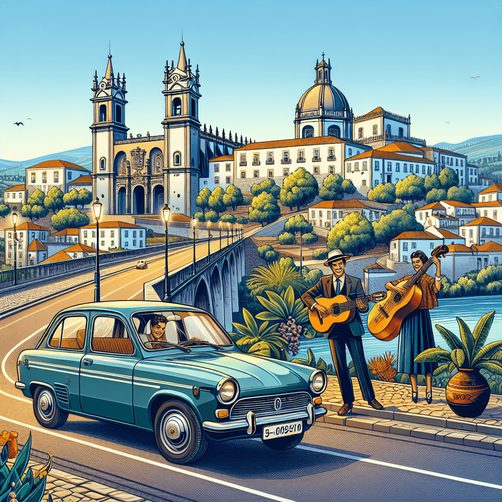 City car in Coimbra with river, bridge and musicians