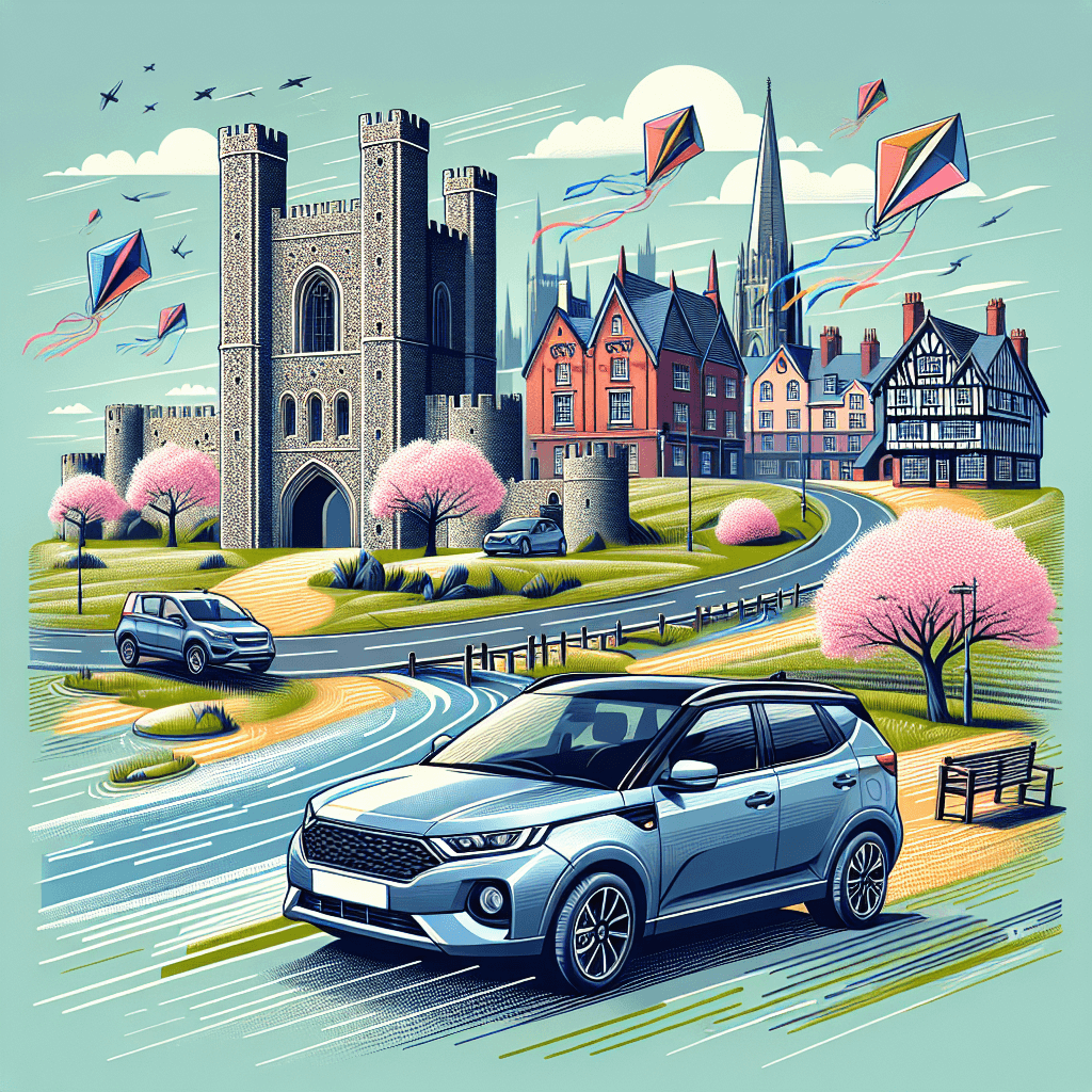 City car in Colchester landscape with cherry blossoms, kites