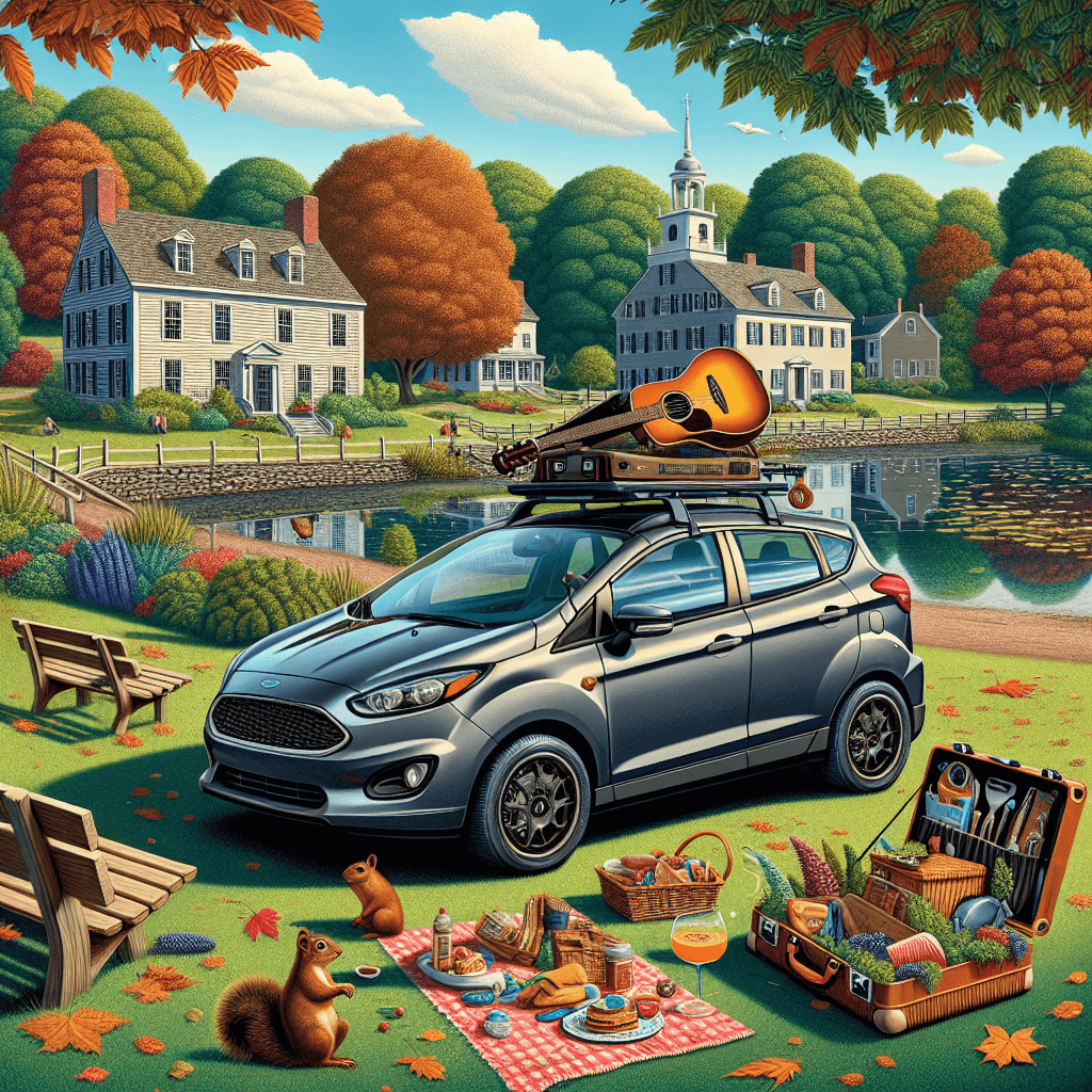 City car in Connecticut, with guitar, squirrel and autumn leaves