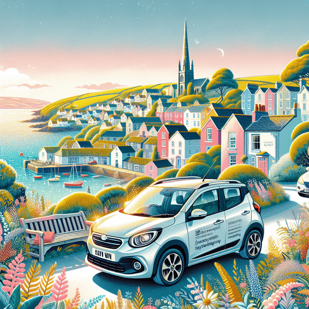 City car pictured in charm-filled Cornish village scene with glistening sea