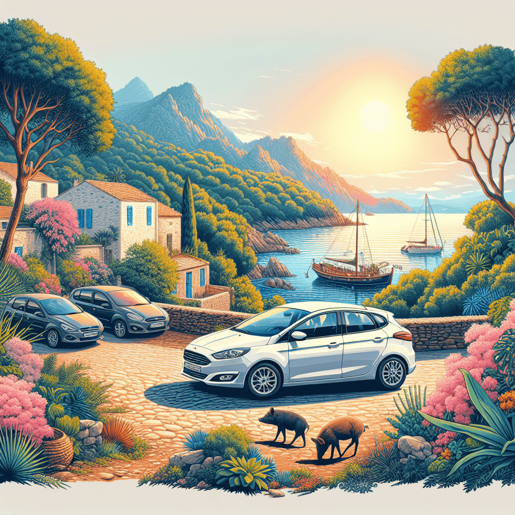 City car surrounded by vibrant sea, exotic plants, traditional hamlet,and bright sun