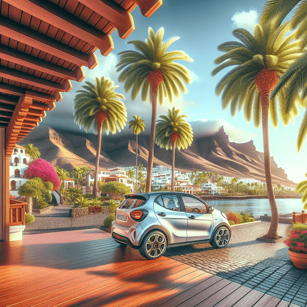 City car by palm trees against beach and mountains