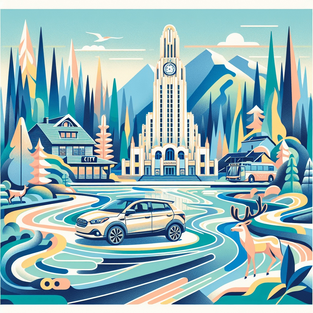 City car amidst Cranbrook landscape with clock tower and deer