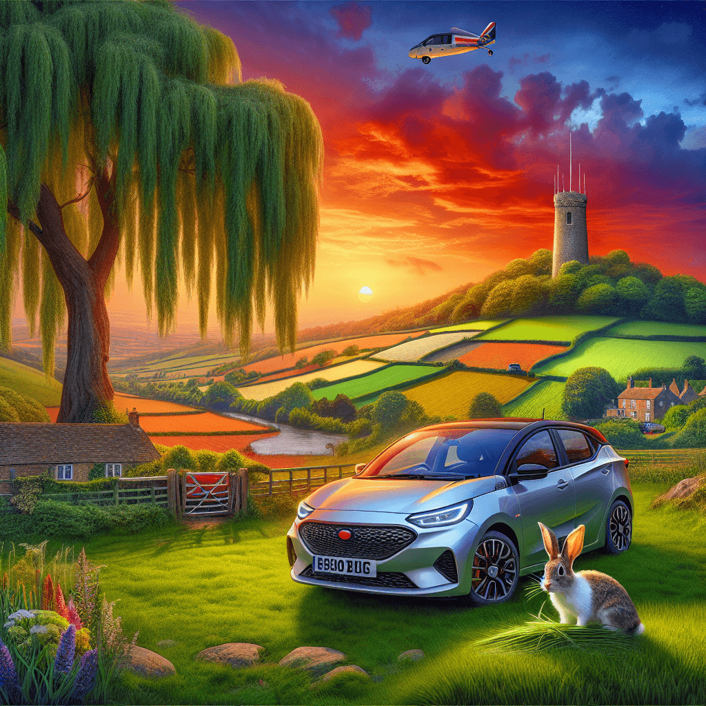 City car in Crawley landscape, bunny, sunset, and Gatwick tower
